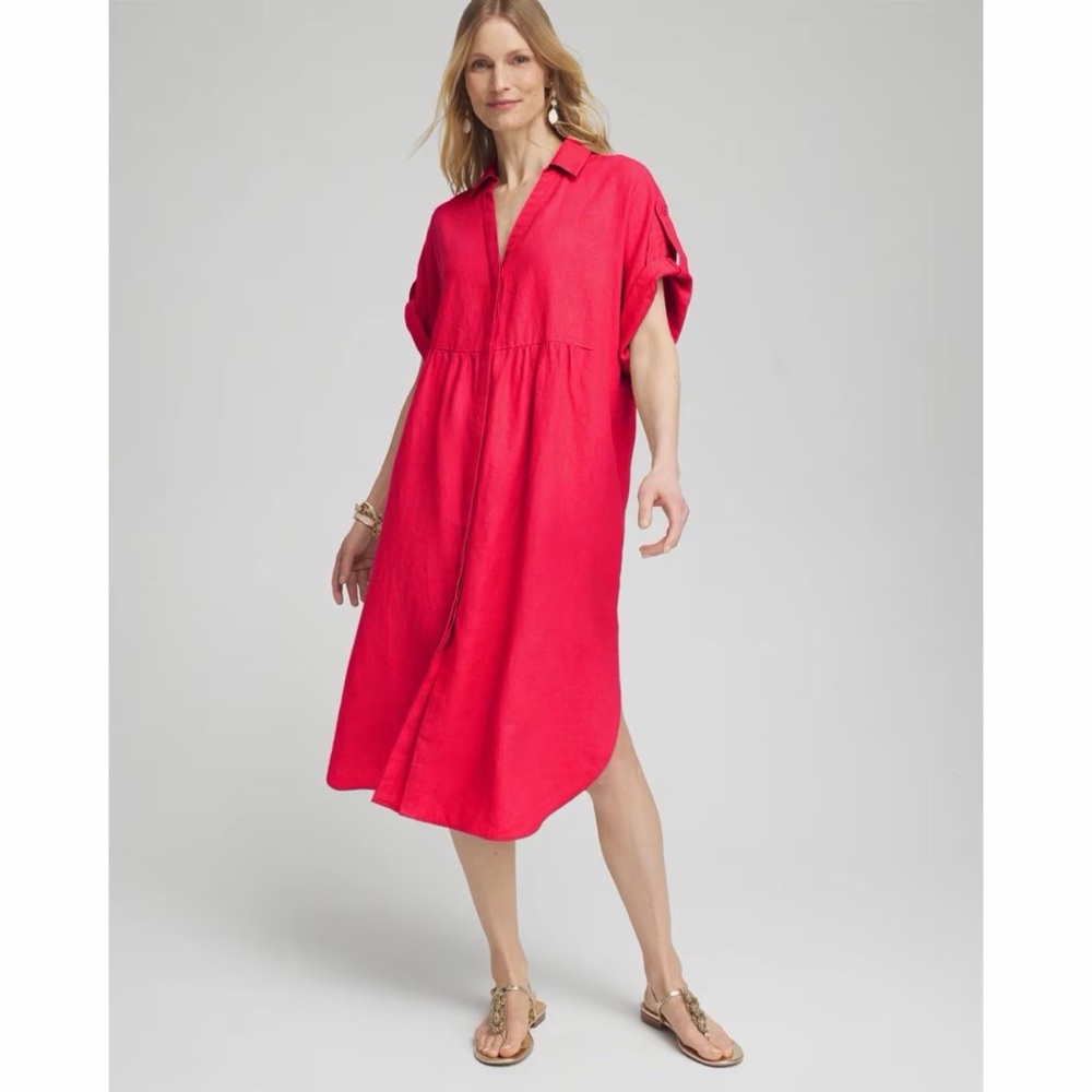 SOLD Chico’s Linen Roll Tab Dolman Midi Dress - Picture 2 of 13